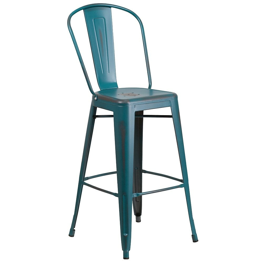Image of Flash Furniture 30" High Distressed Kelly Blue-Teal Metal Indoor-Outdoor Barstool with Back