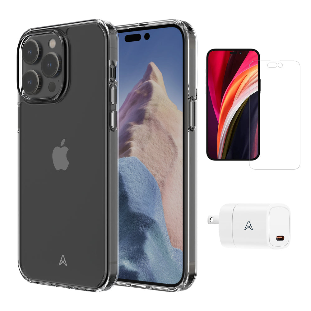 Image of Axessorize Starter Kit bundle - Ultra Clear Case, Screen Protector and 20w Charger for Apple iPhone 14 Pro
