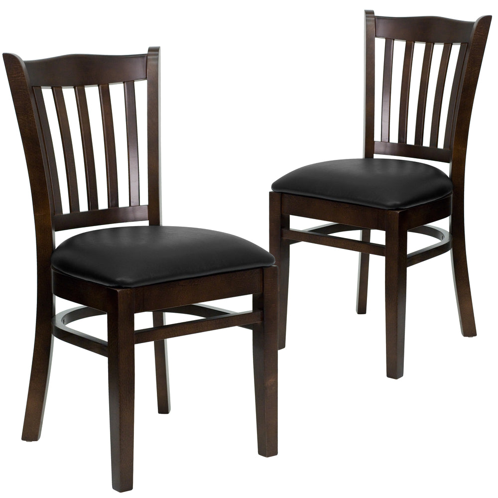 Image of Flash Furniture HERCULES Series Vertical Slat Back Walnut Wood Restaurant Chairs with Black Vinyl Seat - 2 Pack