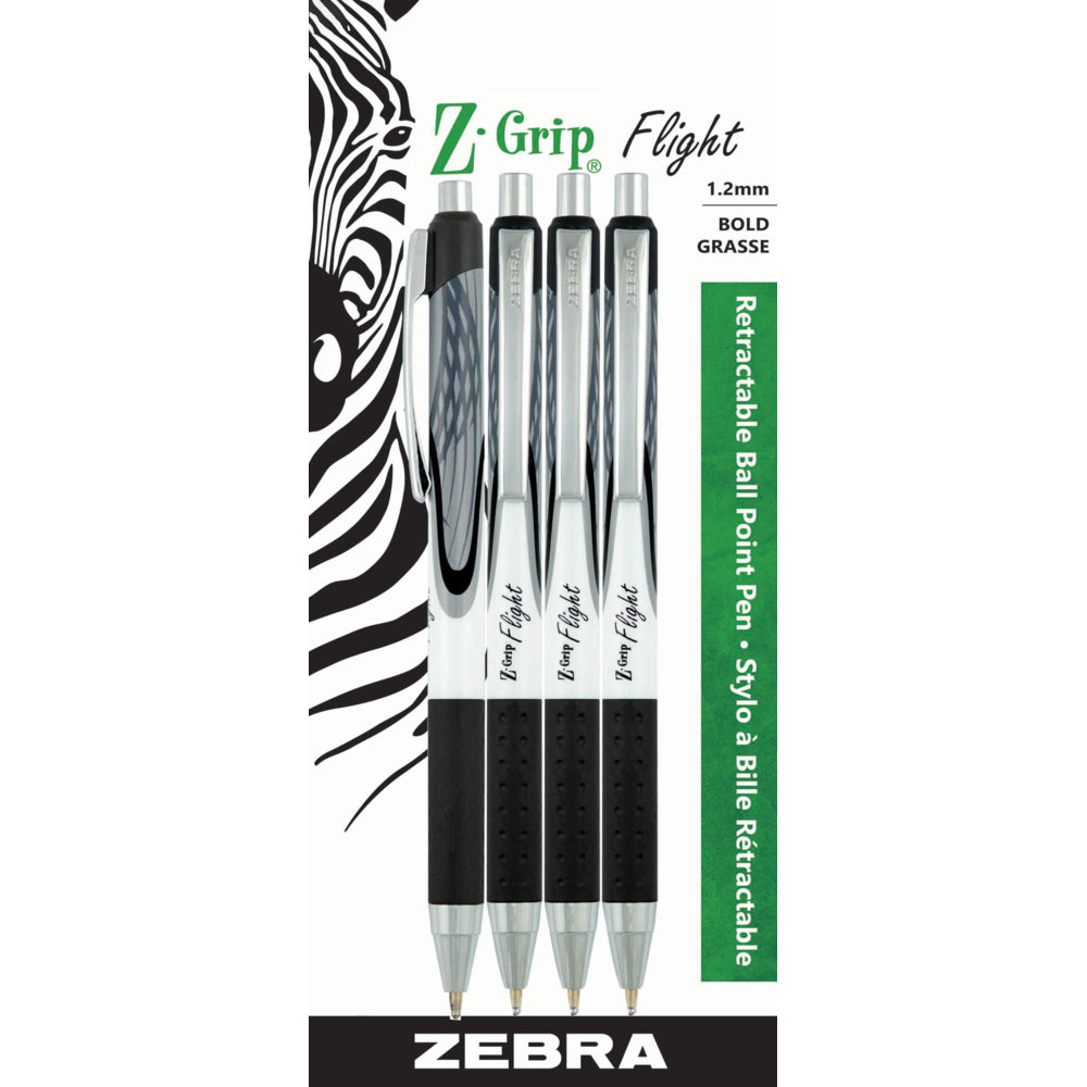 Image of Zebra Z-Grip Flight Ballpoint Pens, Retractable, Medium, 1.2mm Tip, Black, 4 Pack