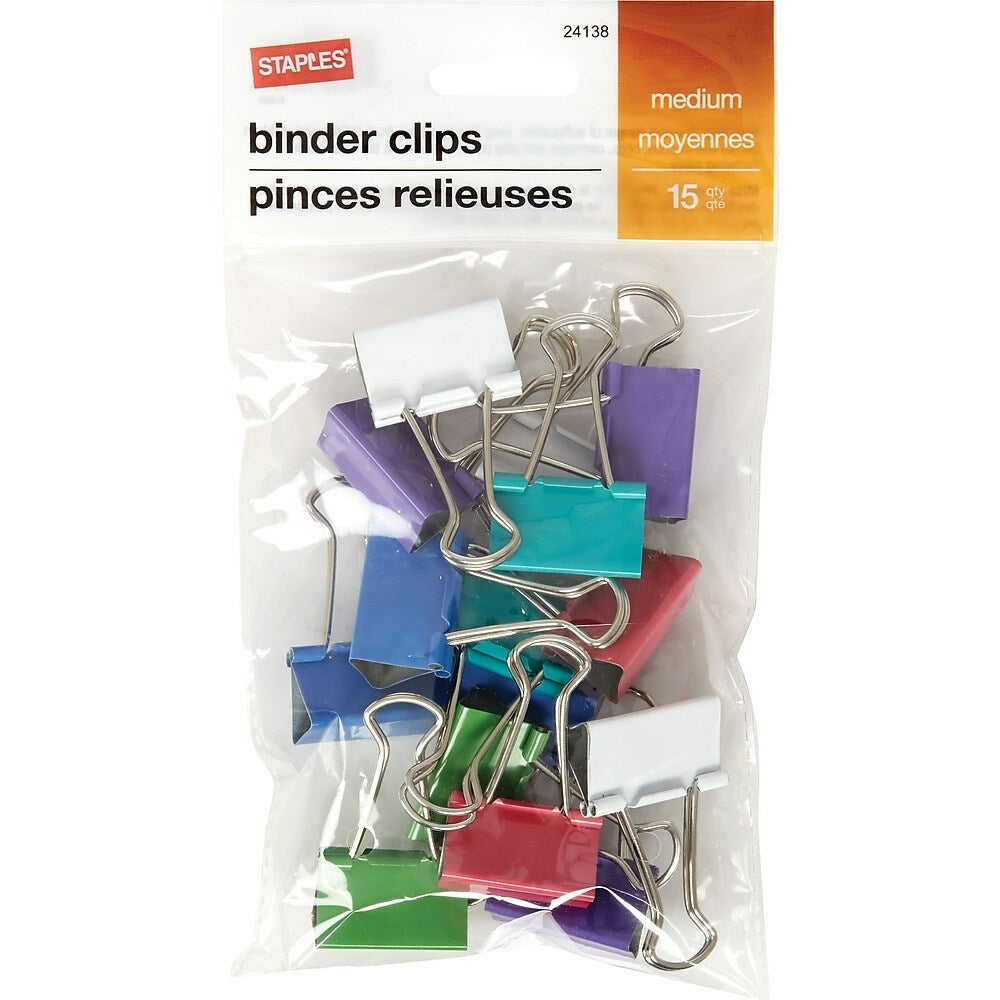 Image of Staples Binder Clips - Medium 1-1/4" - Assorted Fashion Colours - 15 Pack