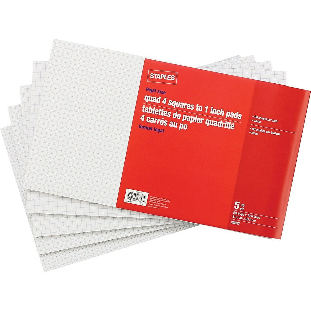 Image of Staples Legal Size Quad Ruled White Paper Pads - 96 Sheets - 5 Pack