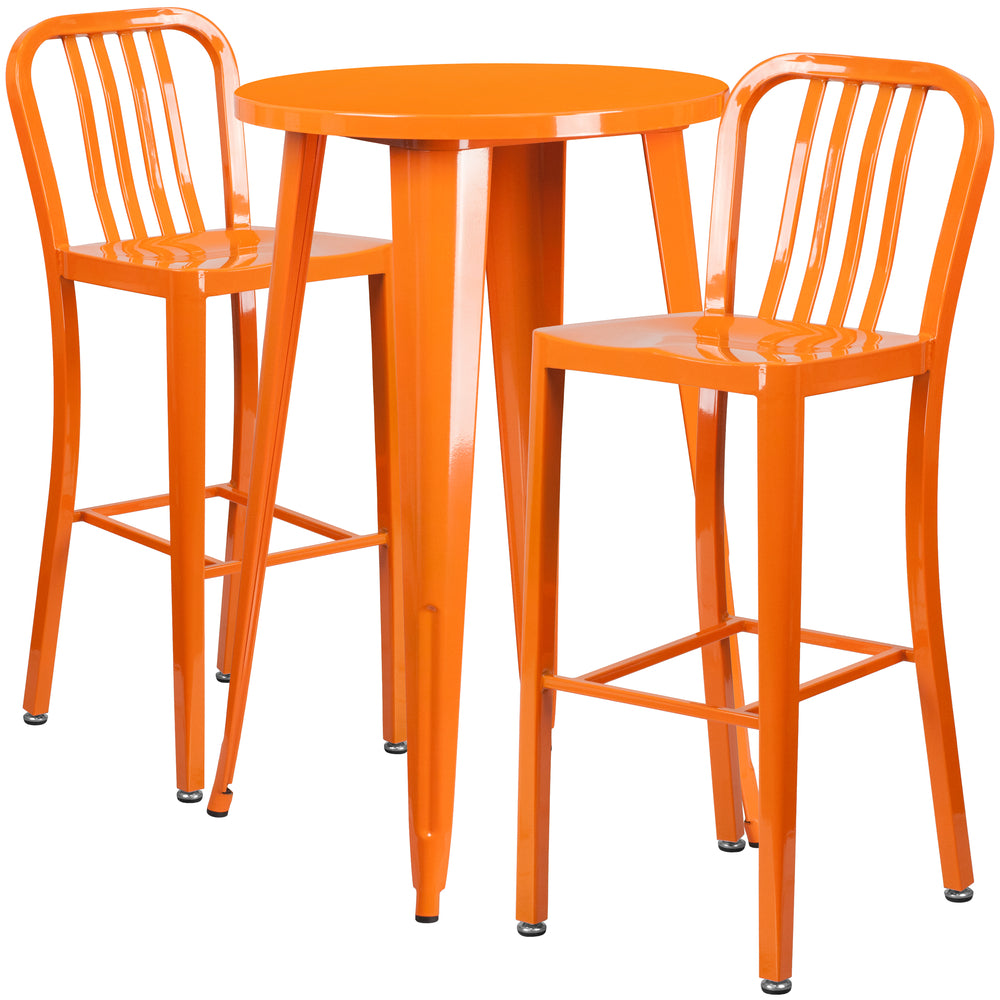 Image of 24" Round Orange Metal Indoor-Outdoor Bar Table Set with 2 Vertical Slat Back Barstools [CH-51080BH-2-30VRT-OR-GG]