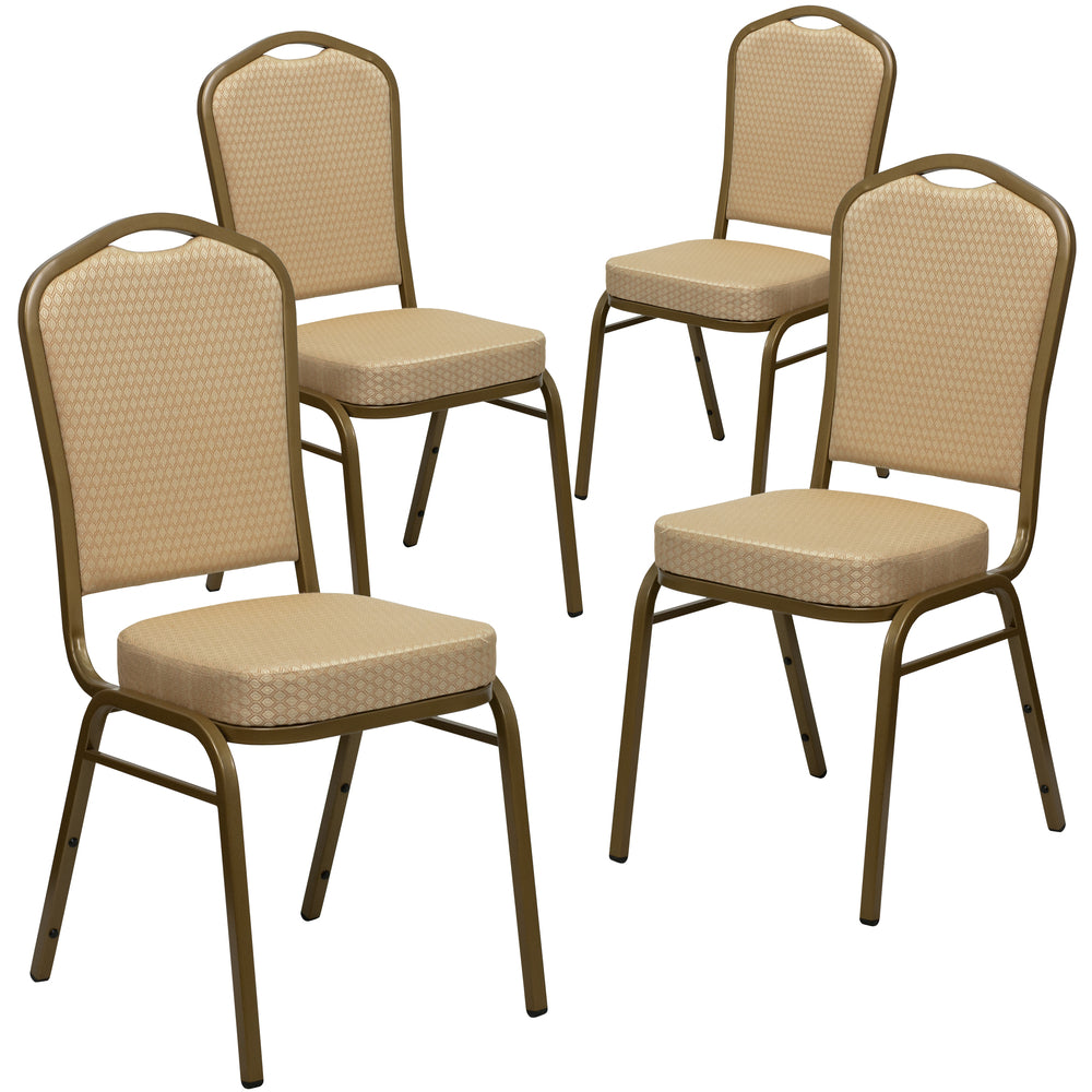 Image of Flash Furniture HERCULES Series Crown Back Stacking Banquet Chairs with Beige Patterned Fabric & Gold Frame - 4 Pack, Brown