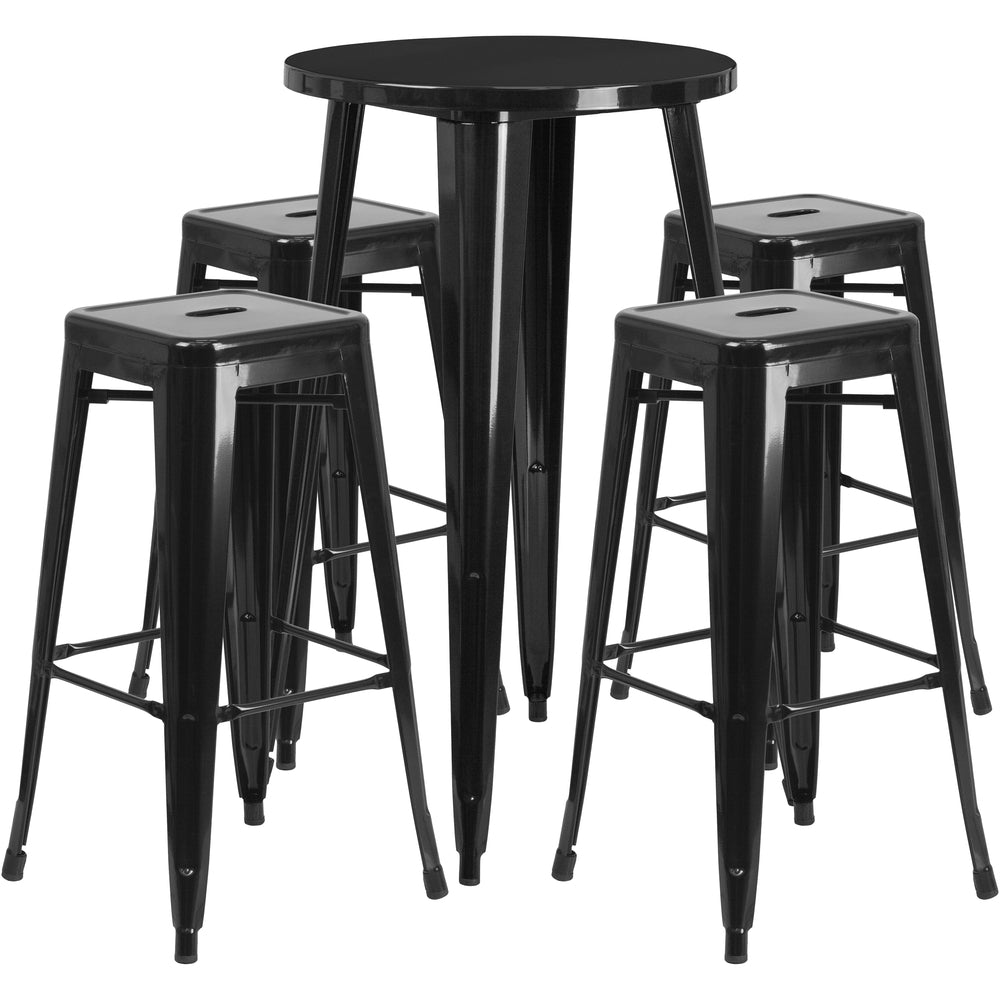 Image of 24" Round Black Metal Indoor-Outdoor Bar Table Set with 4 Square Seat Backless Barstools (CH-51080BH-4-30SQST-BK-GG)