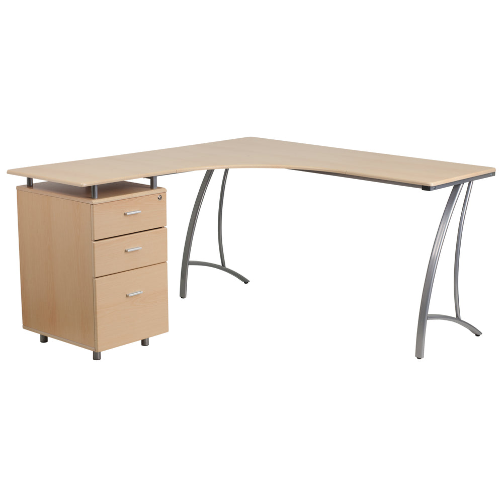 Image of Flash Furniture Beech Laminate L-Shape Desk with Three Drawer Pedestal