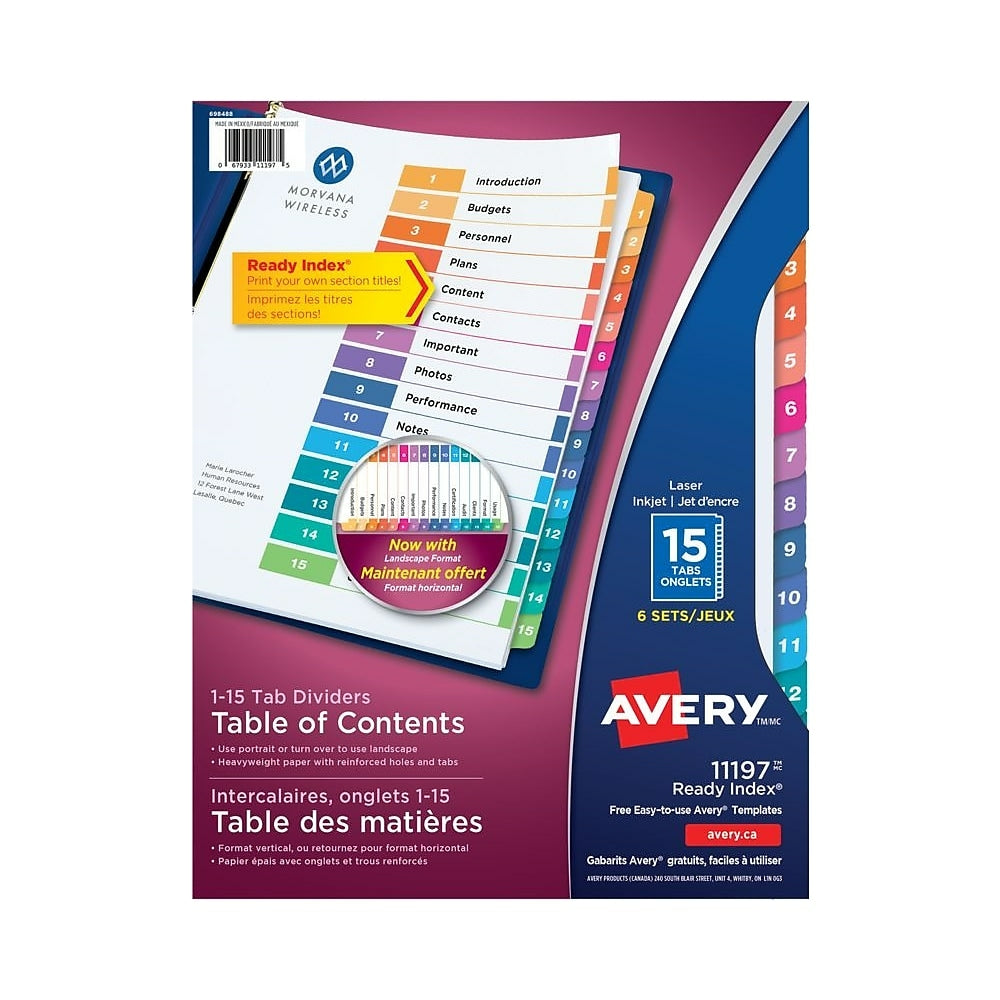 Image of Avery Ready Index Table of Content Dividers for Laser and Inkjet Printers, 15 Tabs, 6 sets, Multi-colour, (11197), 6 Pack