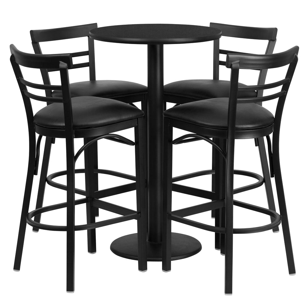 Image of Flash Furniture 24" Round Black Laminate Table Set with Round Base and 4 Ladder Back Metal Bar Stools, Black Vinyl Seat