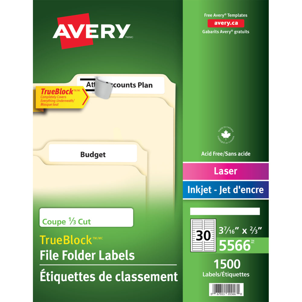 Image of Avery 5566 Permanent Inkjet/Laser Filing Labels with TrueBlock, White, 1500 Pack