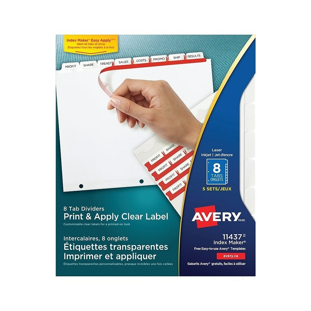 Image of Avery Index Maker Print and Apply Clear Label Dividers, 8 Tabs, 5 Sets, White (11437), 5 Pack
