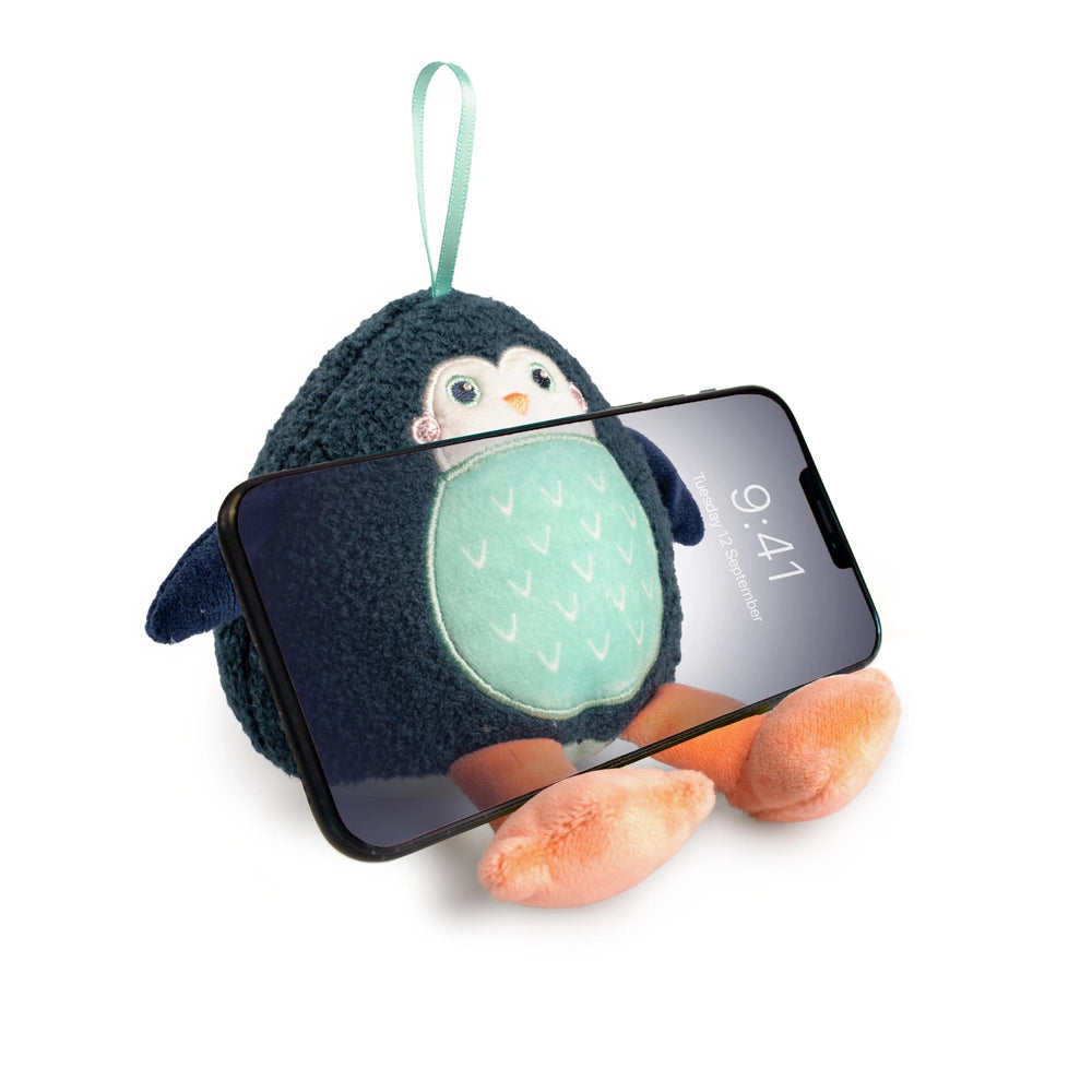 Image of Planet Buddies 2-in-1 Plush Phone Holder and Screen Wiper - Black/Blue (Penguin)