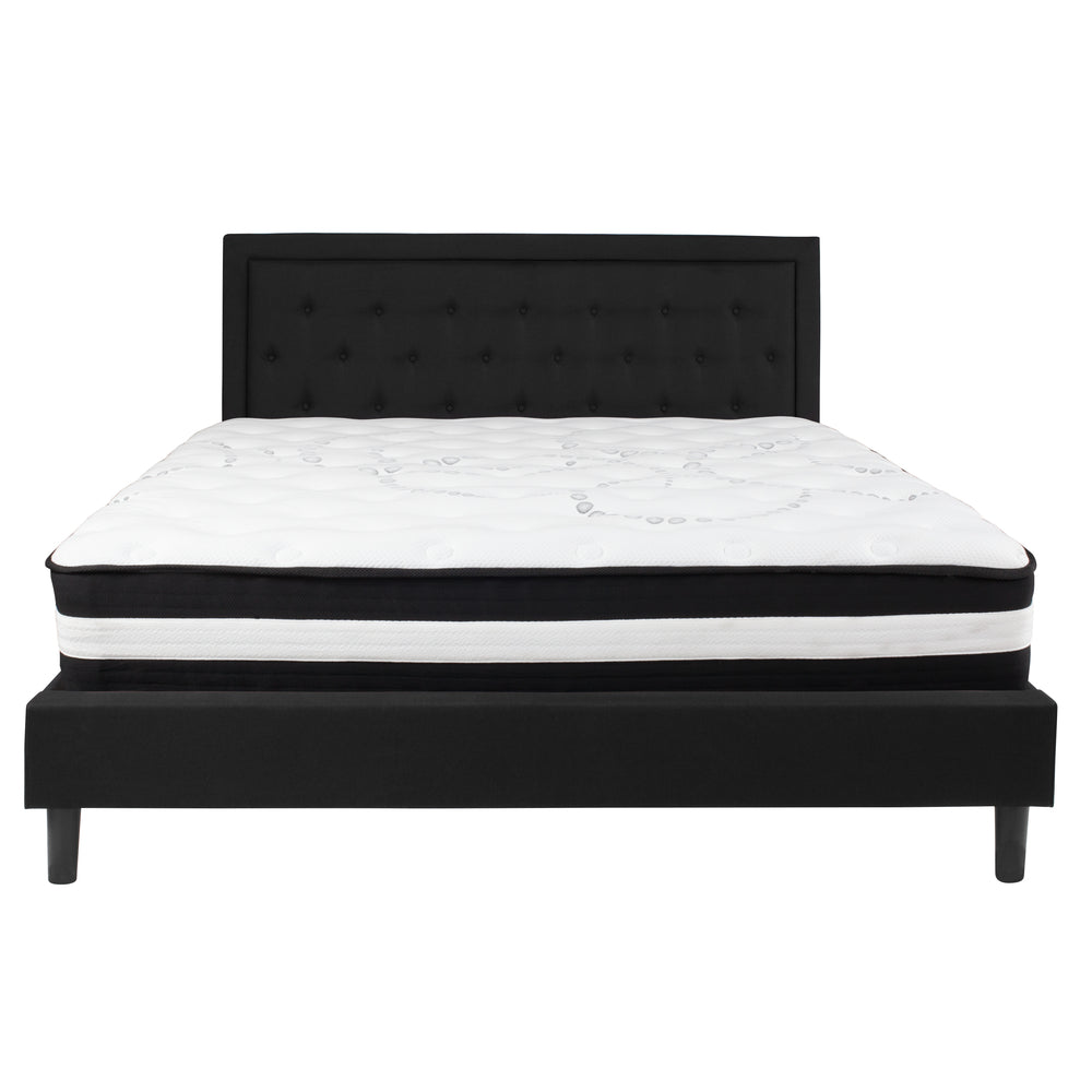 Image of Flash Furniture Roxbury King Size Tufted Upholstered Platform Bed with Pocket Spring Mattress - Black Fabric