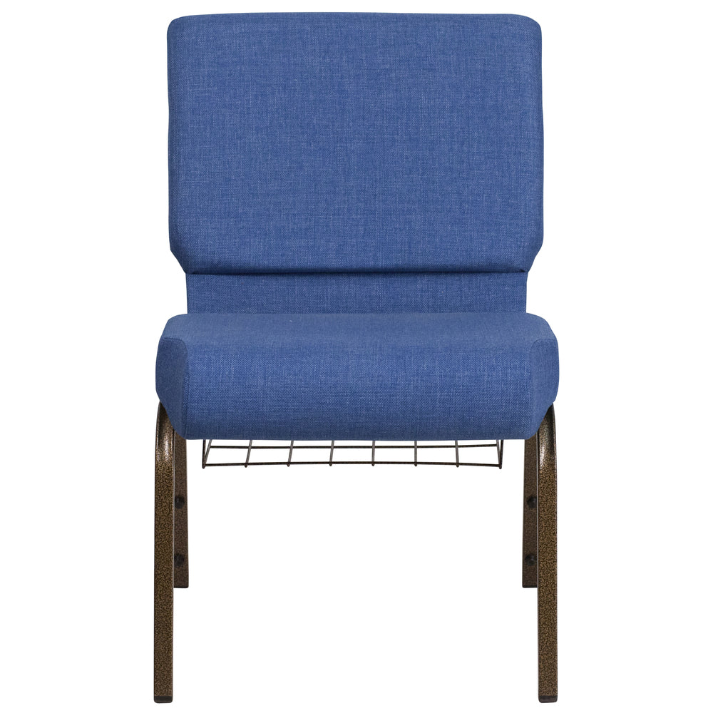 Image of Flash Furniture HERCULES 21"W Church Chair in Blue Fabric with Cup Book Rack - Gold Vein Frame