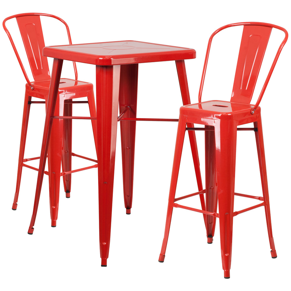 Image of Flash Furniture 23.75" Square Red Metal Indoor-Outdoor Bar Table Set with 2 Stools with Backs