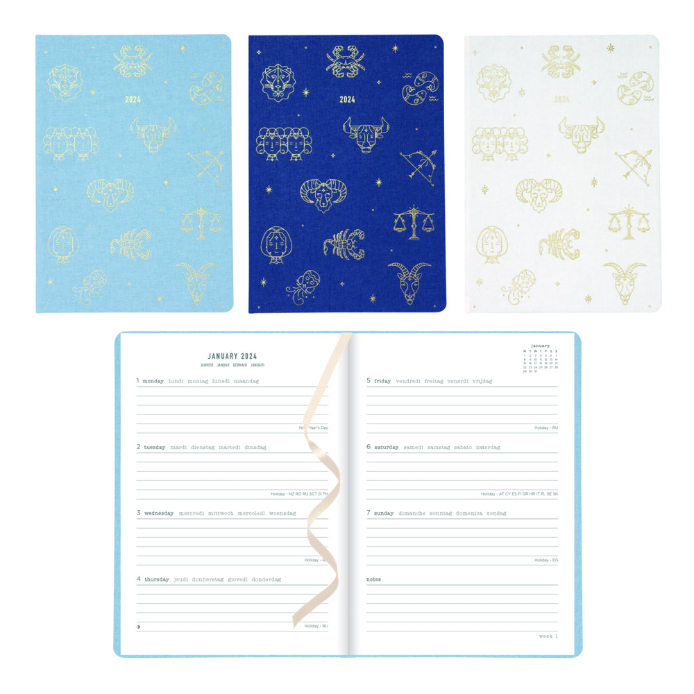 Image of Letts 2024 Zodiac Week To View Sewn Binding Planner - 8 1/4" H X 5 7/8" W - Assorted Colours - Multilingual, Multicolour