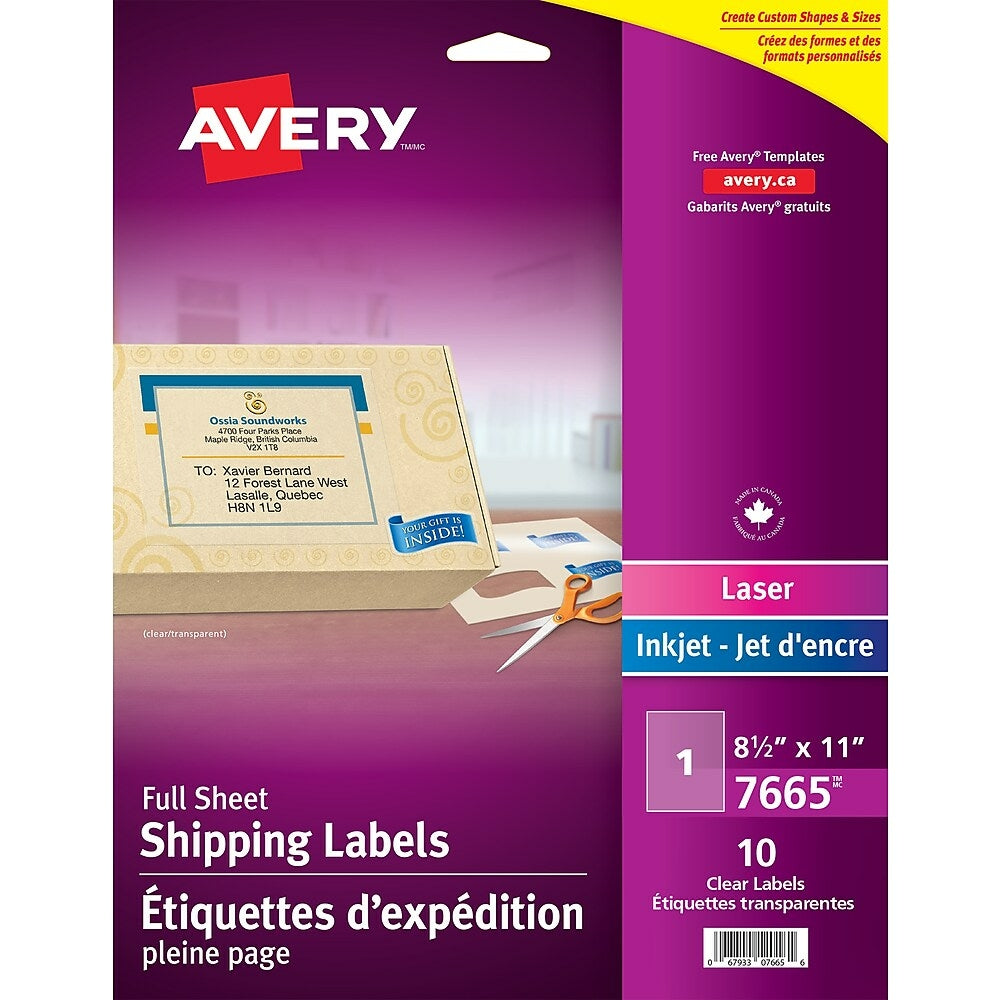 Image of Avery Easy Peel Clear Glossy Laser/Inkjet Shipping Labels, 8-1/2" x 11", 10 Pack (7665)