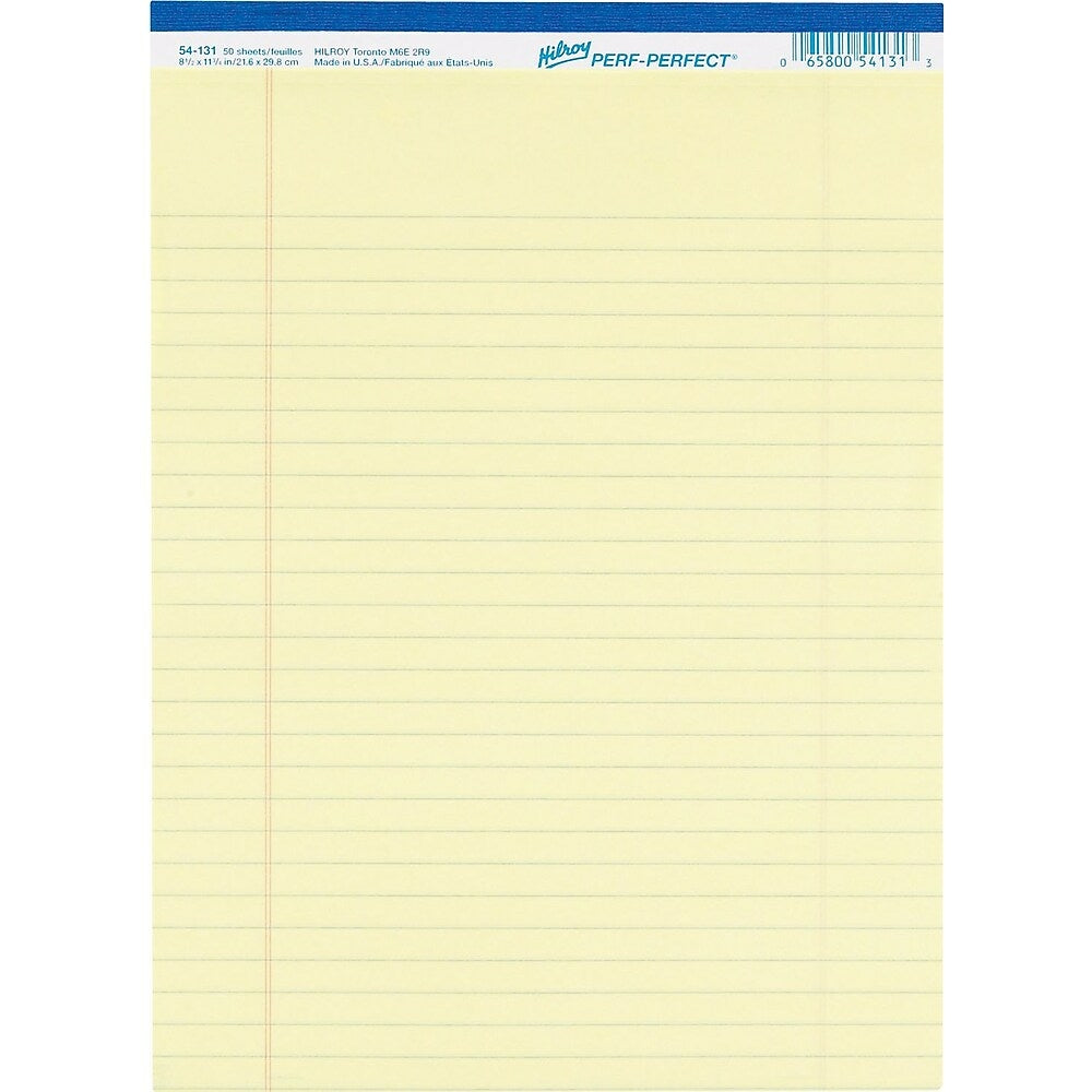 Image of Hilroy Perf-Perfect Pad, 8-1/2" x 11", Wide-Ruled, Canary, 50 Sheets, 10 Pack, Yellow
