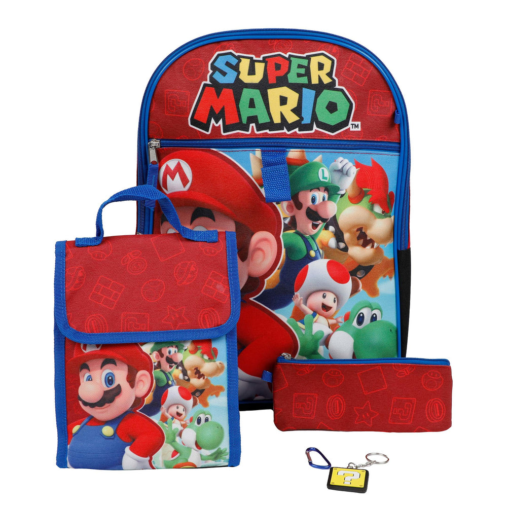 Image of Bioworld 5-Piece Backpack Set - 16" H x 12" W - Nintendo Super Mario Bros Mushroom, Multicolour