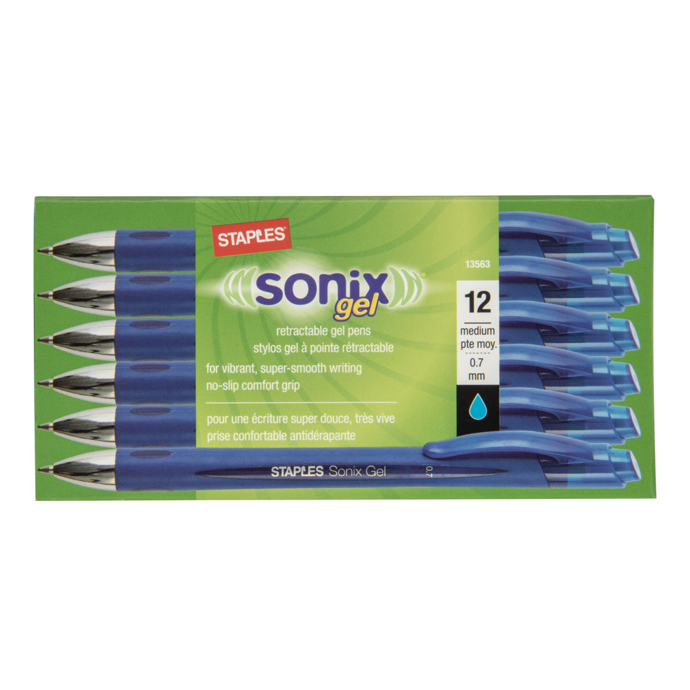 Image of Staples Sonix Retractable Gel Pens - 0.7mm - Blue Ink - 12 Pack