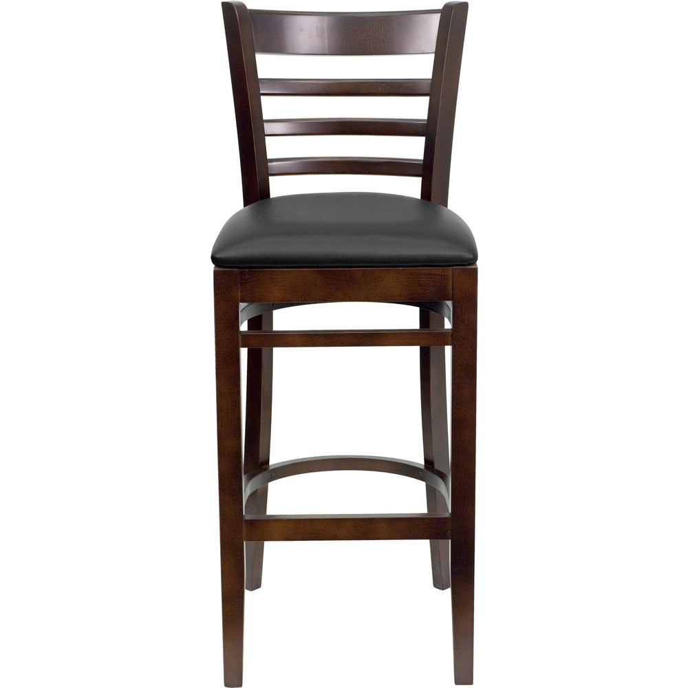 Image of Flash Furniture HERCULES Series Ladder Back Walnut Wood Restaurant Barstool - Black Vinyl Seat