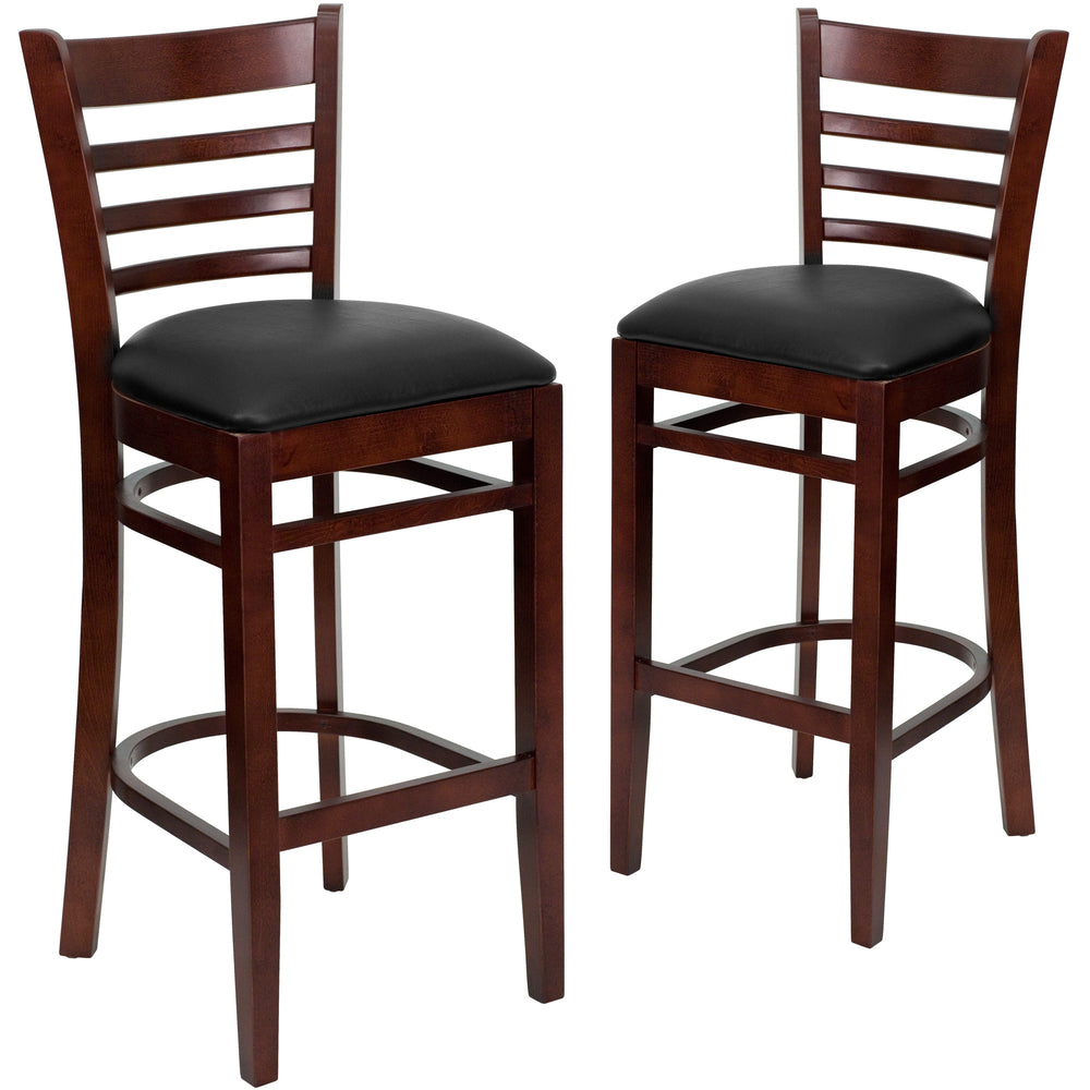 Image of Flash Furniture HERCULES Vertical Slat Back Natural Wood Restaurant Barstool - Black Vinyl Seat - 2 Pack