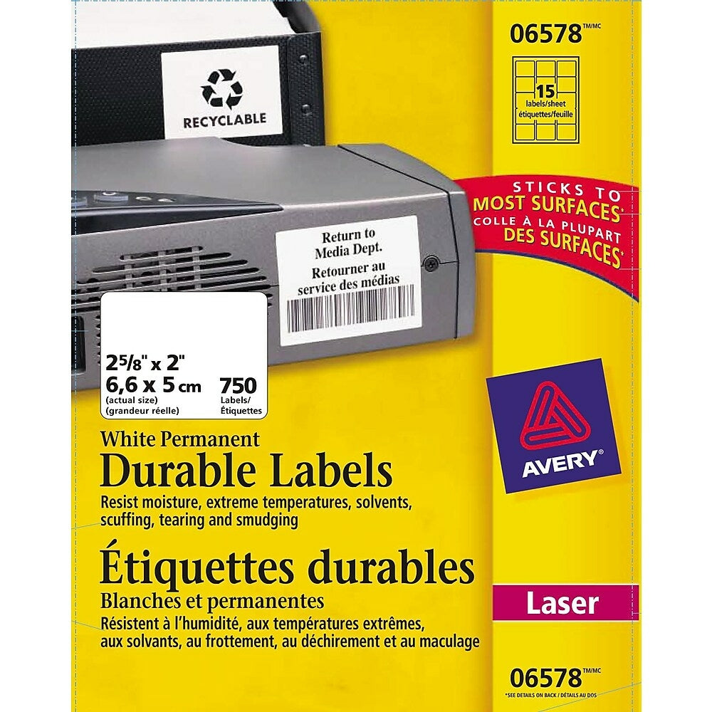 Image of Avery White Laser Durable I.D. Labels, 2-5/8" x 2", 750 Pack (06578)