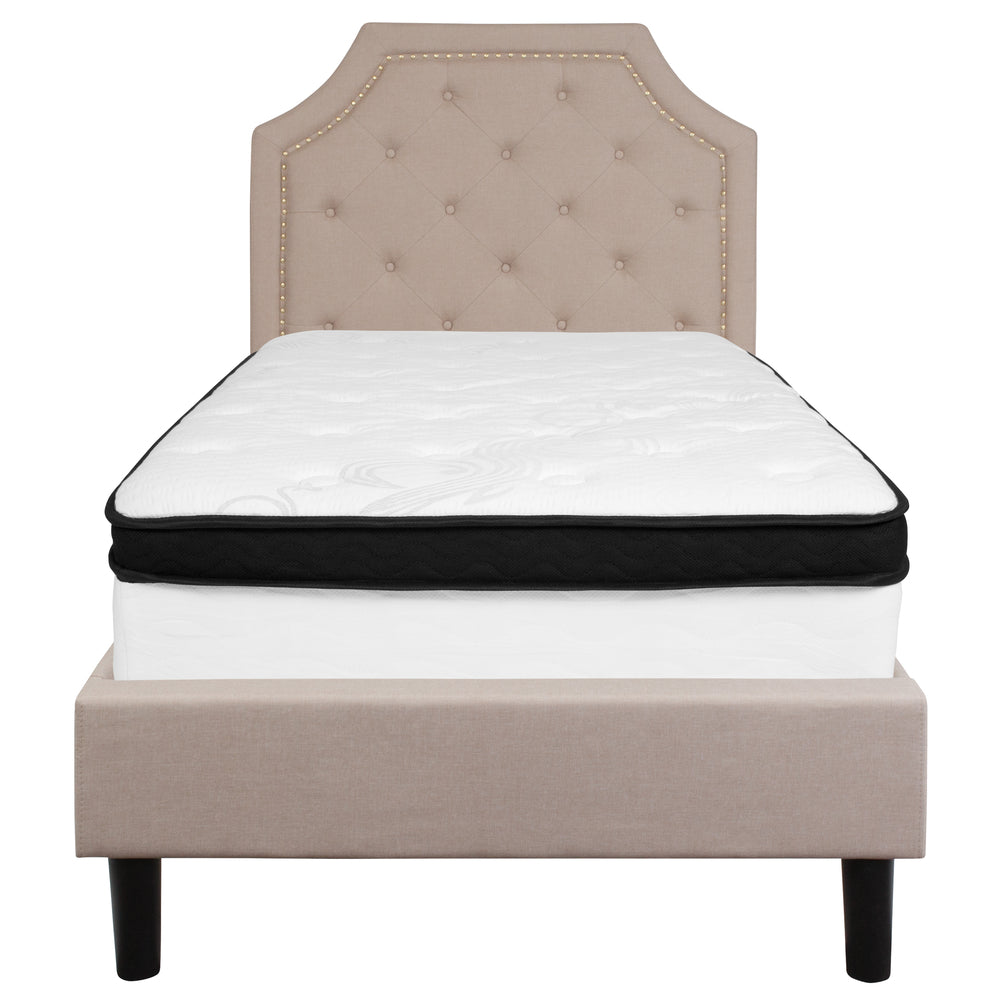 Image of Flash Furniture Brighton Twin Size Tufted Upholstered Platform Bed in Beige Fabric with Memory Foam Mattress