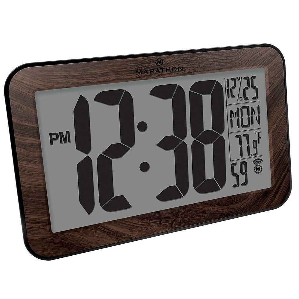 Image of Marathon Atomic Self-Setting/Adjusting Wall Clock with Stand & 8 Timezones - Wood (CL030033WD), Brown