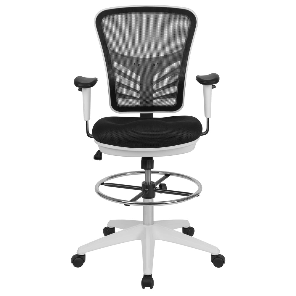 Image of Flash Furniture Mid-Back Mesh Ergonomic Drafting Chair with Adjustable Chrome Foot Ring & Adjustable Arms - Black/White