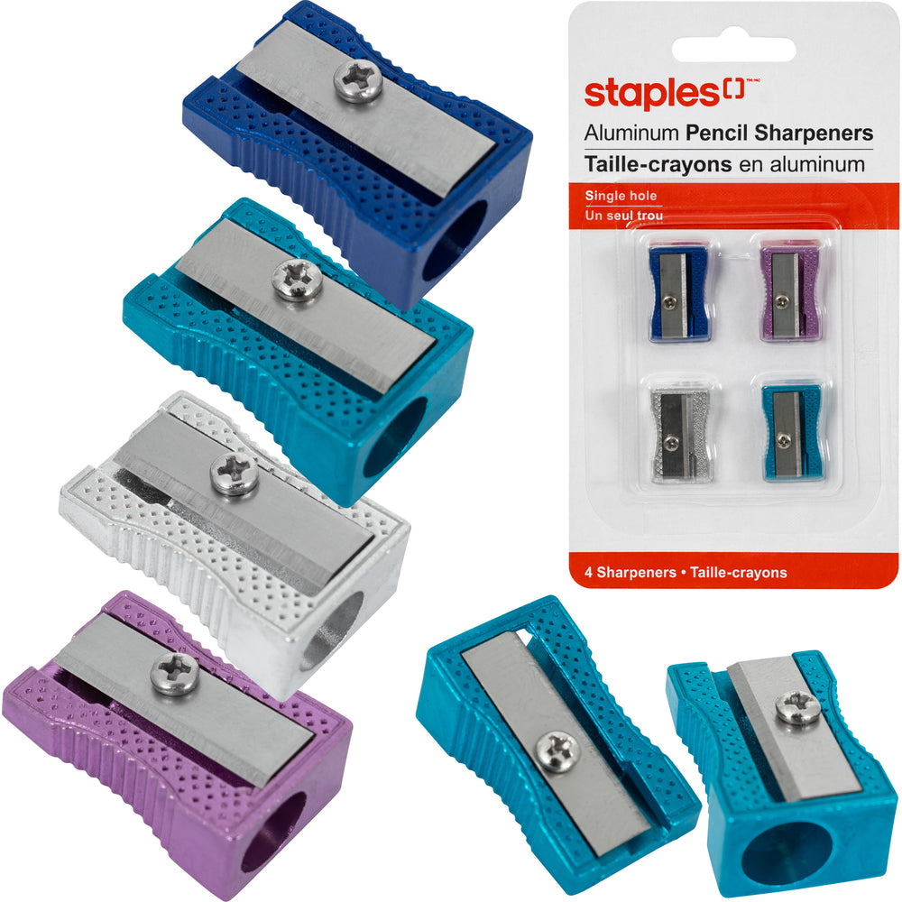 Image of Staples Single-Hole Aluminum Pencil Sharpeners - Assorted Colours - 4 Pack