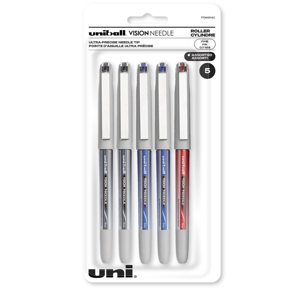 Image of uni-ball Vision Needle Rollerball Pens - Fine Point (0.7mm) - Assorted Colors - 5 Pack