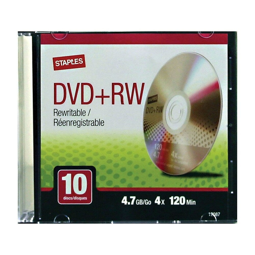 Image of Staples 4.7GB DVD+RW, 10 Pack with Slim Cases