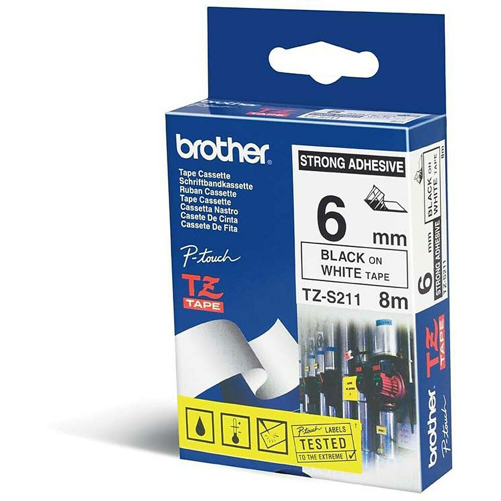 Image of Brother Label Tape, 6mm Black on White Tape with Extra Strength Adhesive, TZES211