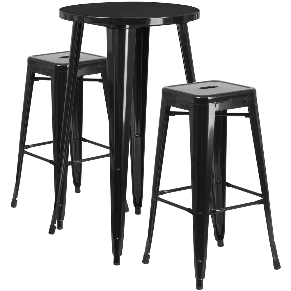 Image of 24" Round Black Metal Indoor-Outdoor Bar Table Set with 2 Square Seat Backless Barstools (CH-51080BH-2-30SQST-BK-GG)