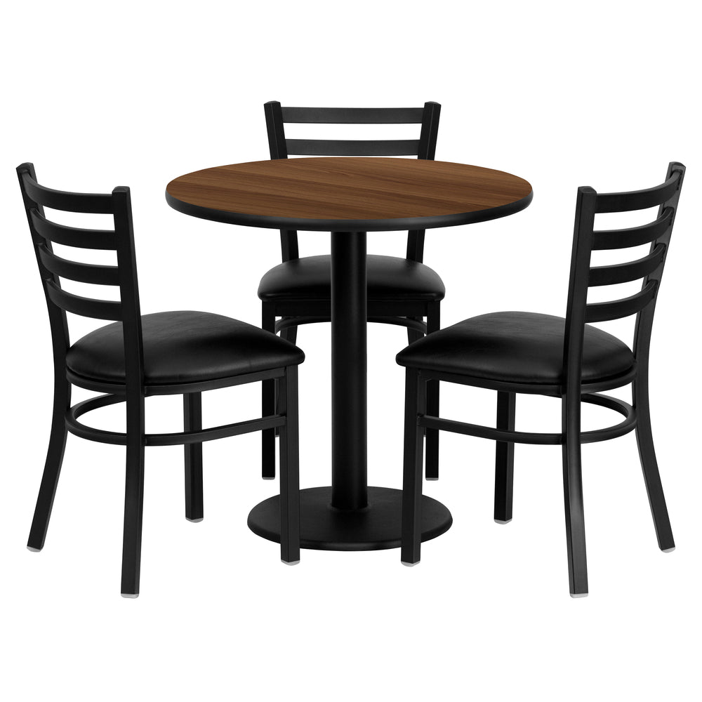 Image of Flash Furniture 30" Round Walnut Laminate Table Set with Round Base and 3 Ladder Back Metal Chairs, Black Vinyl Seat