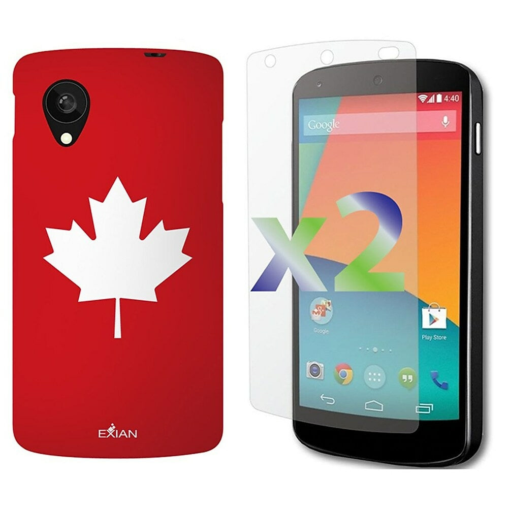 Image of Exian Maple Leaf TPU Case and Screen Guard Protectors (2 Pack) for Nexus 5 - White on Red