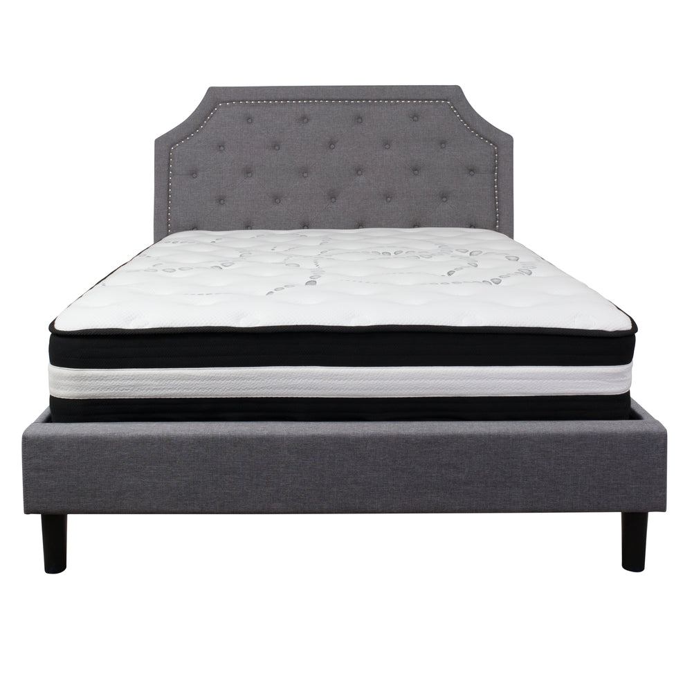 Image of Flash Furniture Brighton Queen Size Tufted Upholstered Platform Bed with Pocket Spring Mattress - Light Grey Fabric