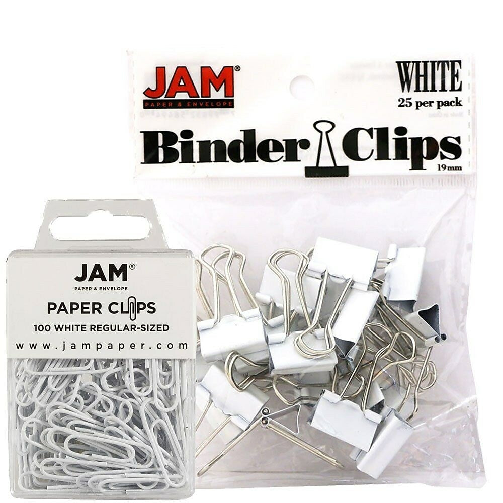 Image of JAM Paper Office Desk Supplies Bundle, Paper Clips & Binder Clips, White (218334wh)
