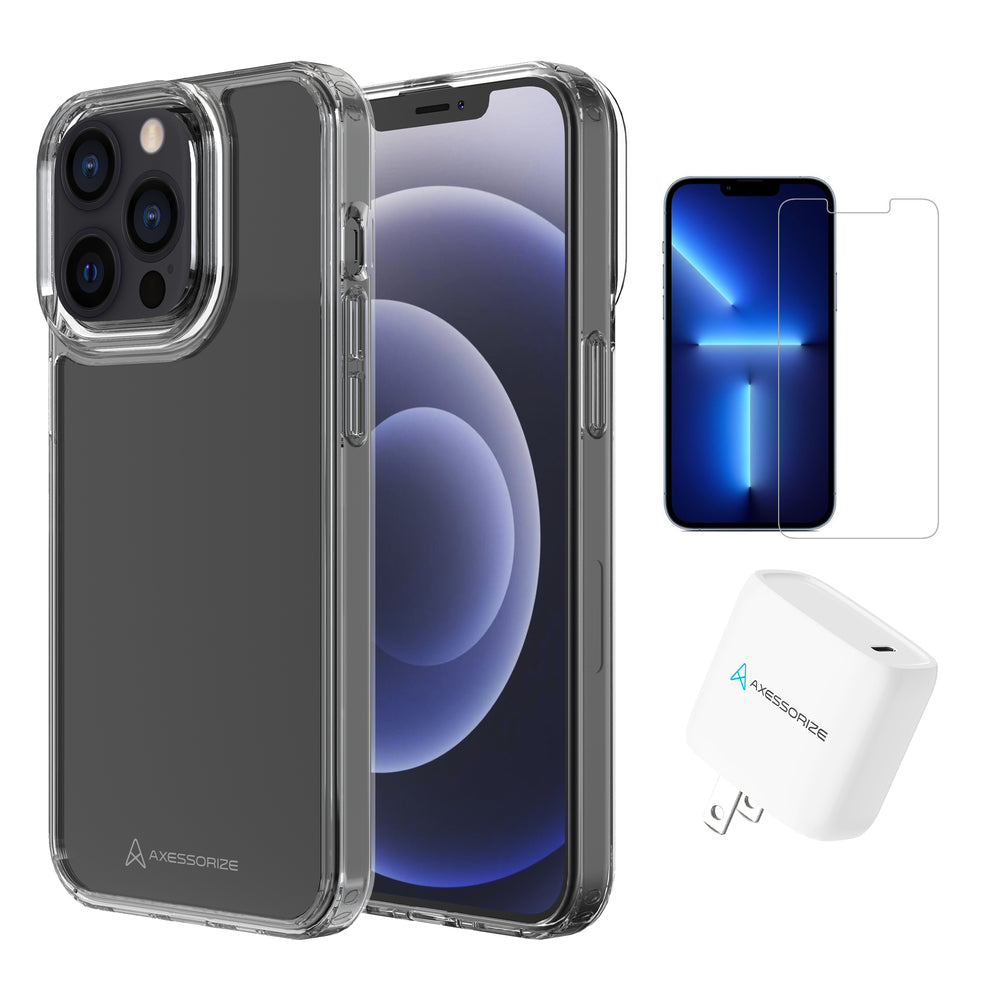 Image of Axessorize Starter Kit bundle - Ultra Clear Case, Screen Protector and 20w Charger for Apple iPhone 13 Pro