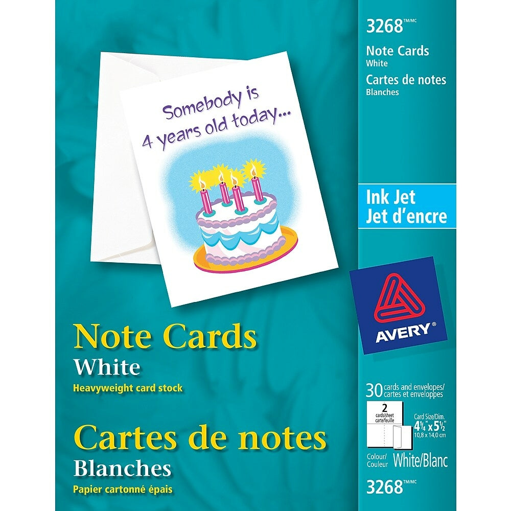 Image of Avery Note Cards, White, 4-1/4" x 5-1/2", Inkjet, 30 Pack (03268)