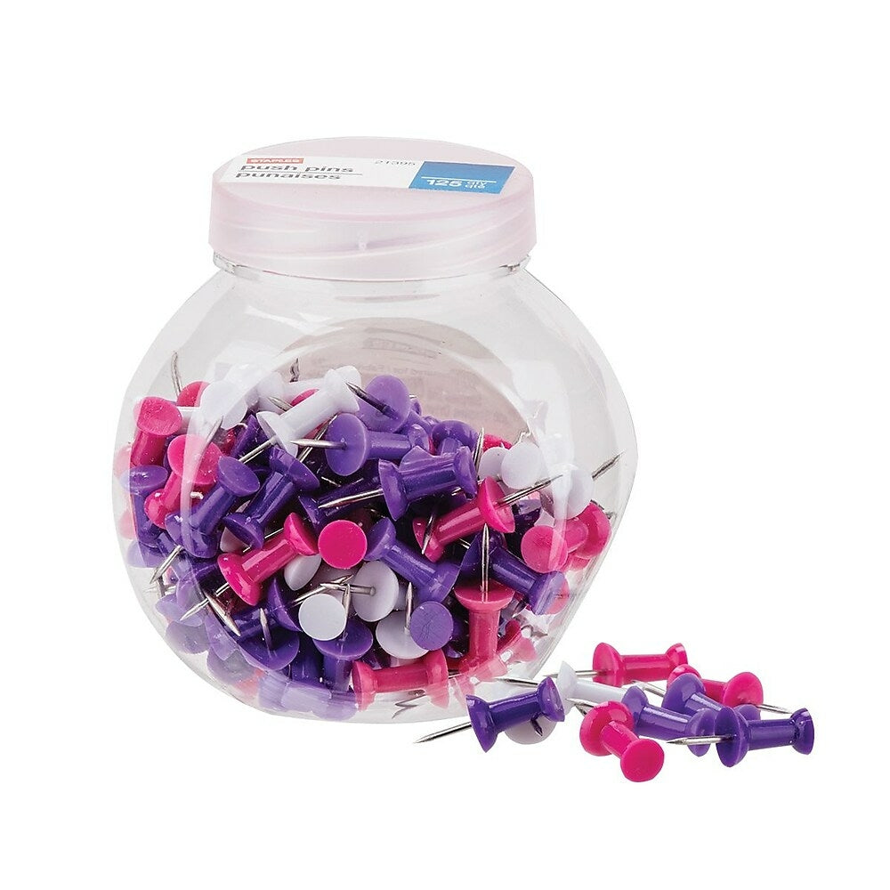 Image of Staples Push Pins - Assorted Colours - Pink/Purple/White - 125 Pack