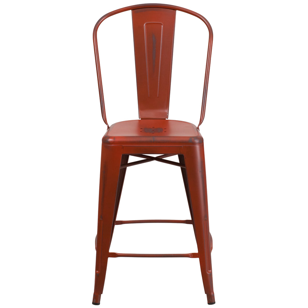 Image of Flash Furniture 24" High Distressed Kelly Red Metal Indoor-Outdoor Counter Height Stool with Back