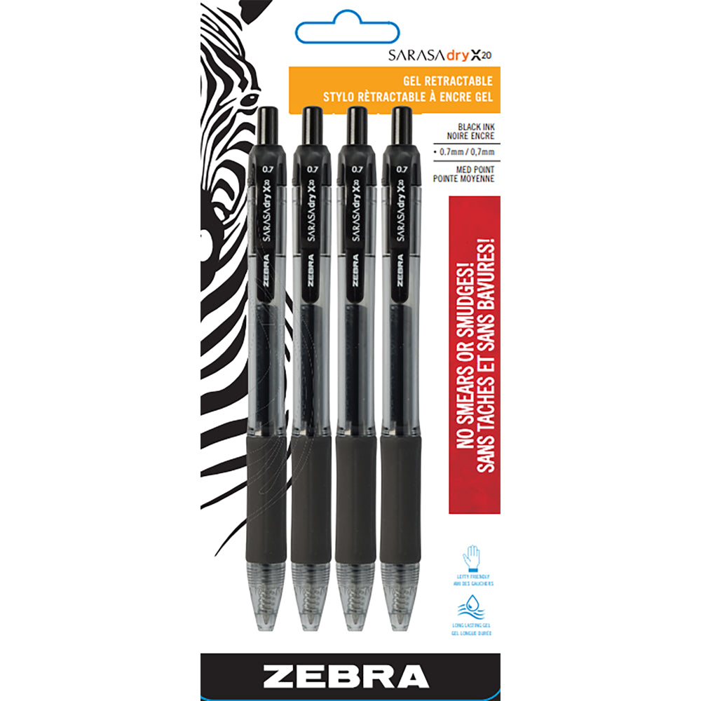 Image of Zebra Sarasa Rapid Dry Gel Pens, Retractable, 0.7mm, Black, 4 Pack
