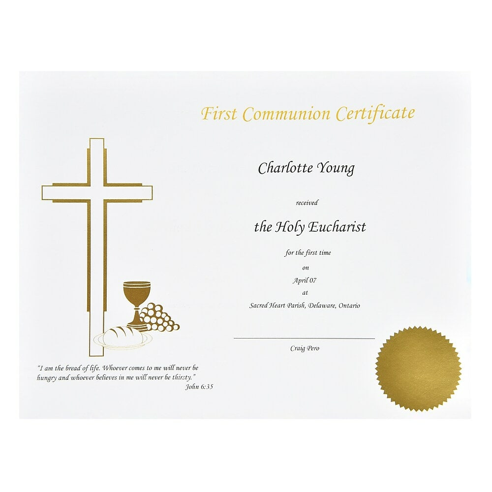 Image of St. James First Communion Certificate, Gold Foil Engraved Design on 65lb White Card, 50 Pack