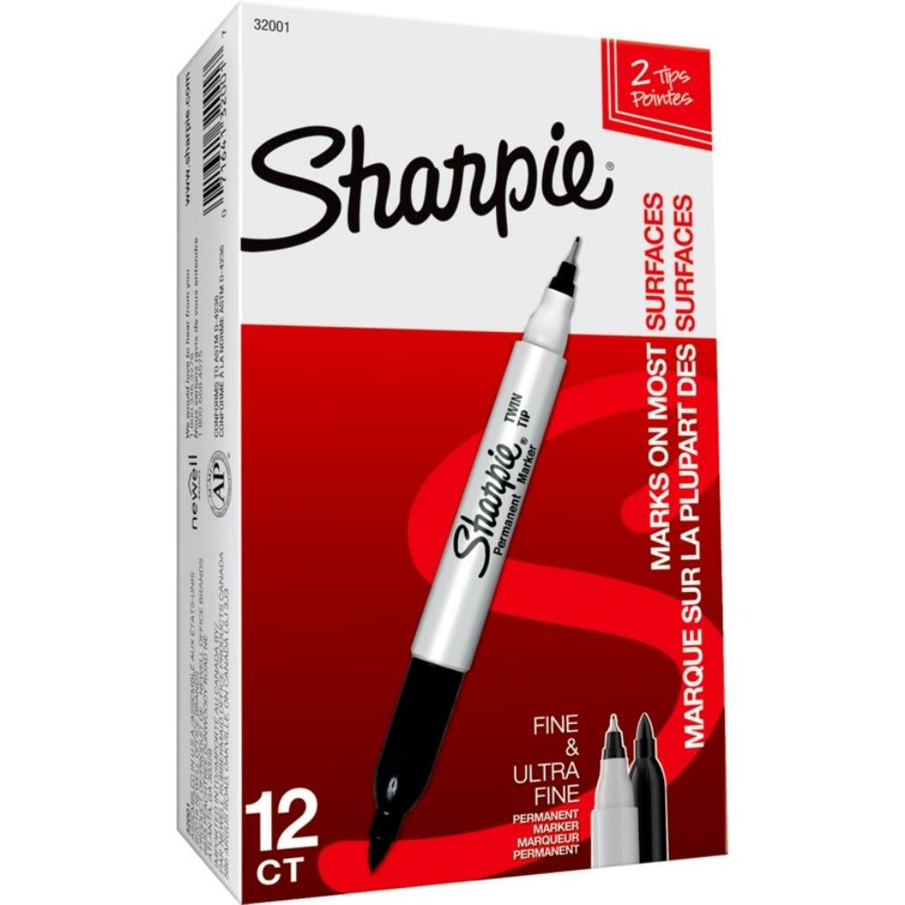 Image of Sharpie Twin-Tip Permanent Markers, Black, 12 Pack