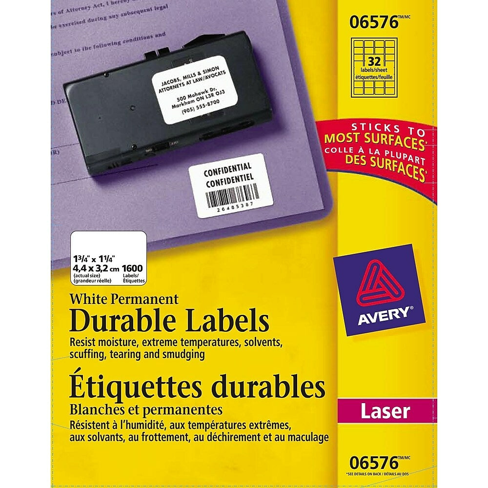 Image of Avery White Laser Durable I.D. Labels, 1-3/4" x 1-1/4", 1600 Pack (06576)