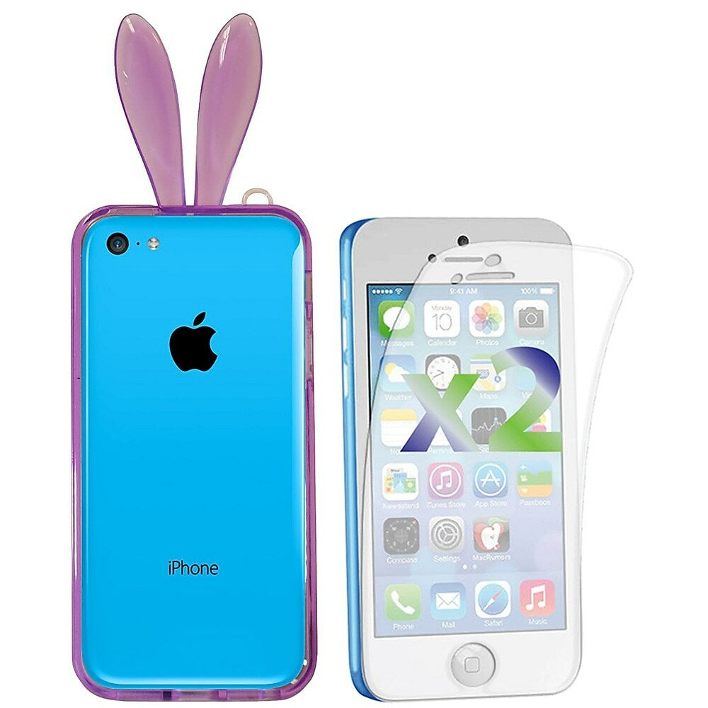 Image of Exian Transparent Bumper Case with Bunny Ears and Screen Protectors (2 Pack) for iPhone 5c - Purple