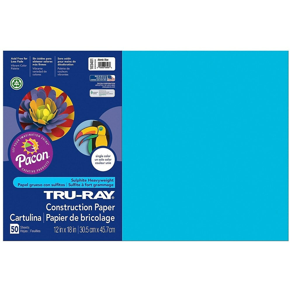 Image of Pacon Corporation Tru-Ray Fade-Resistant Construction Paper - 12" x 18" - Atomic Blue - 150 Sheets (PAC103401), 150 Pack