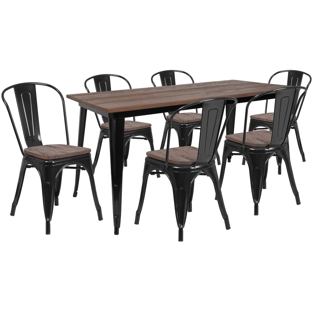 Image of Flash Furniture 30.25" x 60" Black Wood Top Metal Table Set and 6 Stack Chairs