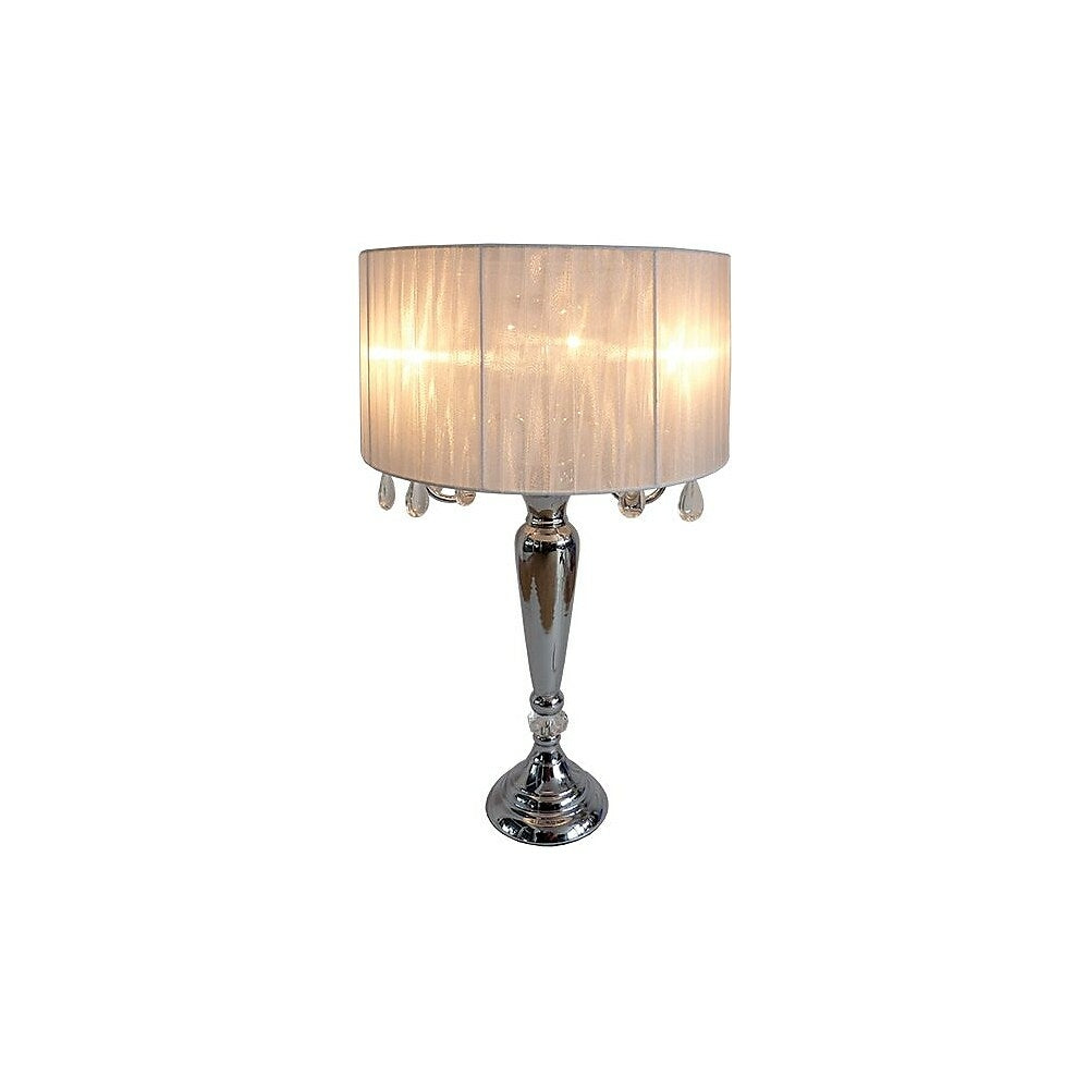 Image of Elegant Designs Trendy Sheer White Shade Table Lamp With Hanging Crystals, Chrome Finish